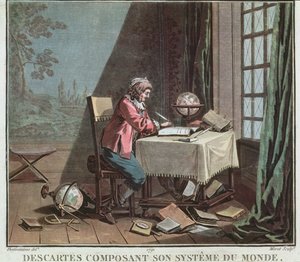 Rene Descartes (1596-1650) schrijft zijn wereldsysteem, gegraveerd door Jean Baptiste Moret, 1791